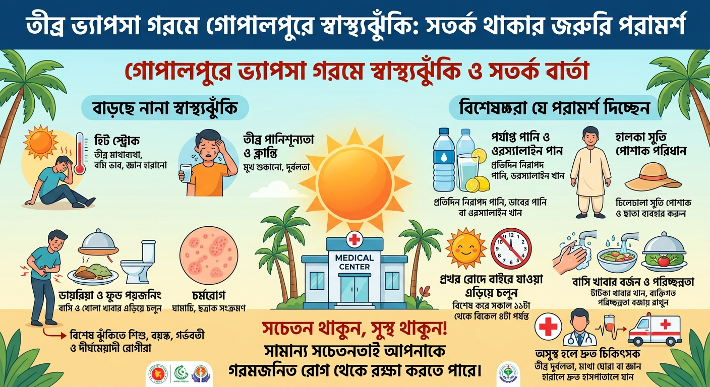 ভ্যাপসা গরমে গোপালপুরে বাড়ছে নানা স্বাস্থ্যঝুঁকি, সতর্ক থাকার পরামর্শ
 বিশেষজ্ঞদের